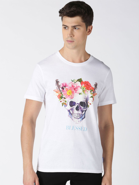 

Blue Saint Men White Printed Round Neck Pure Cotton T-shirt