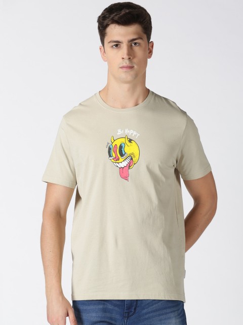 

Blue Saint Men Beige Printed Round Neck Pure Cotton T-shirt