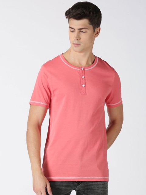 

Blue Saint Men Pink Solid Henley Neck Cotton T-shirt