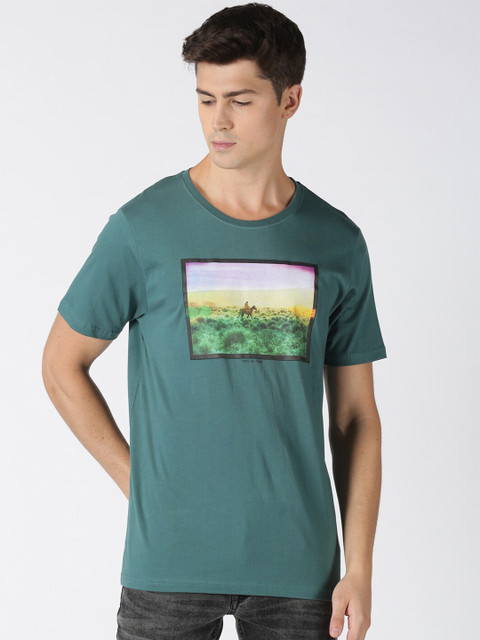 

Blue Saint Men Green Printed Round Neck Cotton T-shirt