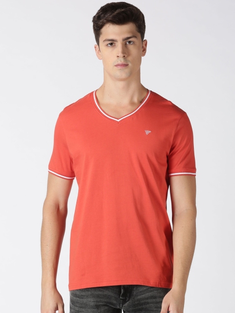 

Blue Saint Men Orange Solid V-Neck Cotton T-shirt