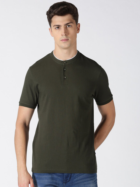 

Blue Saint Men Olive Green Solid Henley Neck Cotton T-shirt