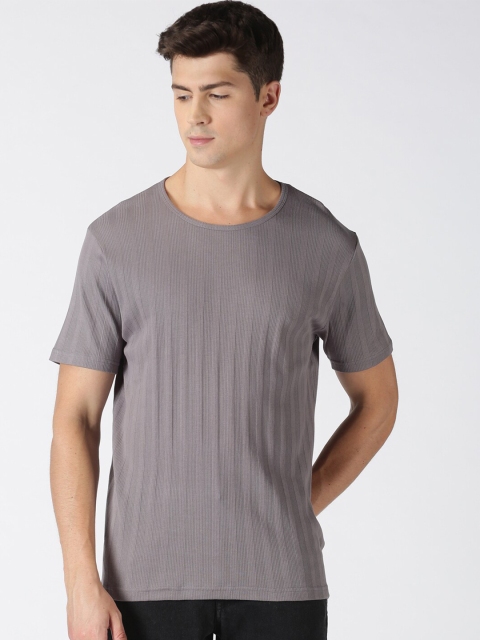 

Blue Saint Men Grey Striped Round Neck Cotton T-shirt