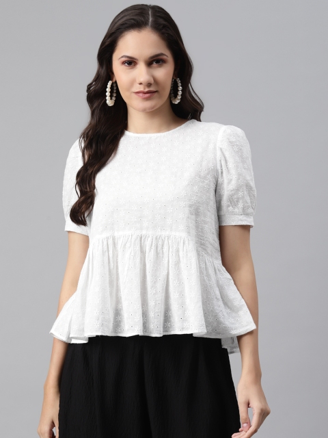 

I AM FOR YOU White Floral Schiffli Embroidered A-Line Top