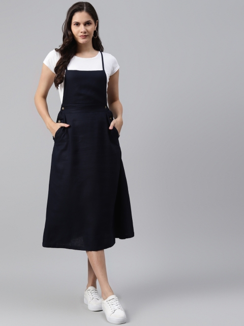 

I AM FOR YOU Navy Blue Solid Pure Cotton Pinafore Dress