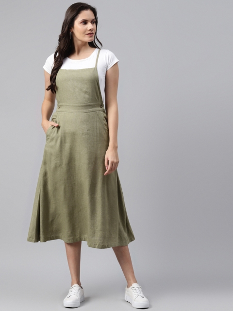 

I AM FOR YOU Olive Green Solid Pure Cotton Pinafore Dress