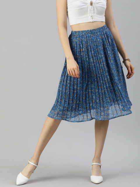 

I AM FOR YOU Women Blue Floral Printed Pleated A-Line Knee Length Skirt
