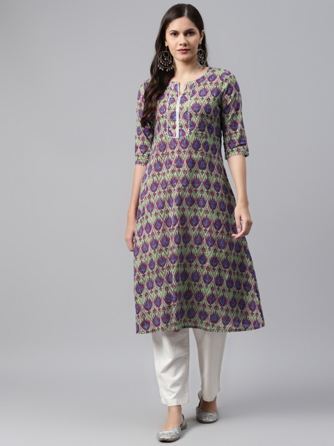 

I AM FOR YOU Women Green & Blue Geometric Printed Pure Cotton Gotta Patti Kurta