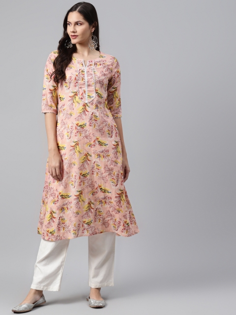 

I AM FOR YOU Women Peach-Coloured & Yellow Floral Printed Pure Cotton Gotta Patti Kurta