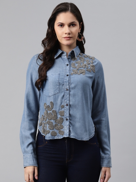 

I AM FOR YOU Women Blue & Grey Embellished Modern Denim Casual Shirt