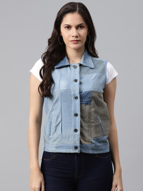 

I AM FOR YOU Women Blue Grey Lightweight Tailored Jacket with Patchwork