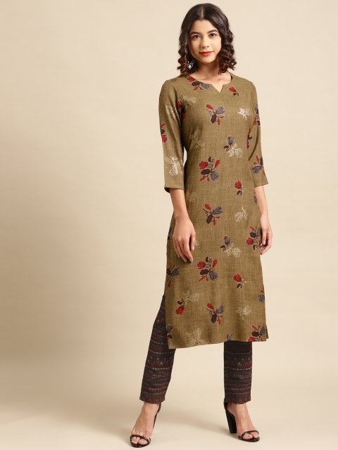 

Saadgi Women Olive Green & Brown Floral Printed Kurta with Trousers