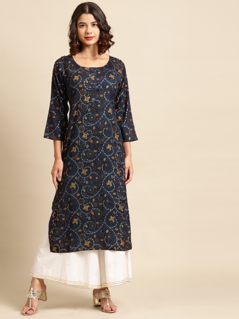 

Saadgi Women Navy Blue & Golden Cotton Bandhani Printed Kurta