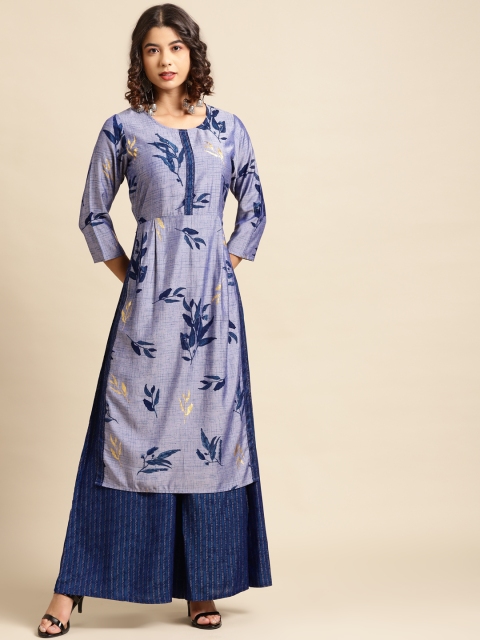 

Saadgi Women Blue Foil Print Pleated Kurta with Palazzos