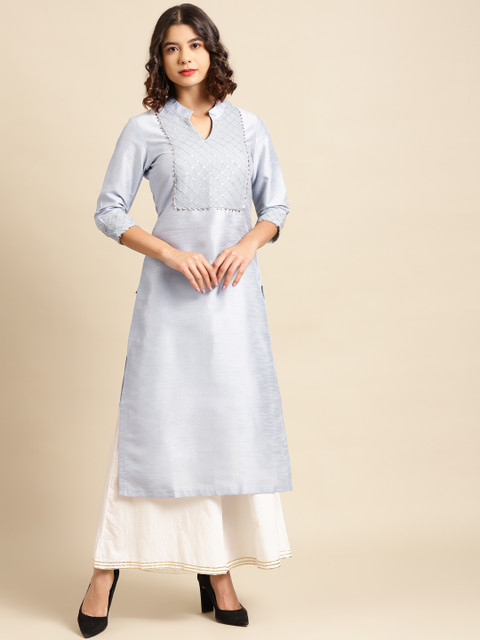 

Saadgi Women Blue Embellished Yoke Design Kurta