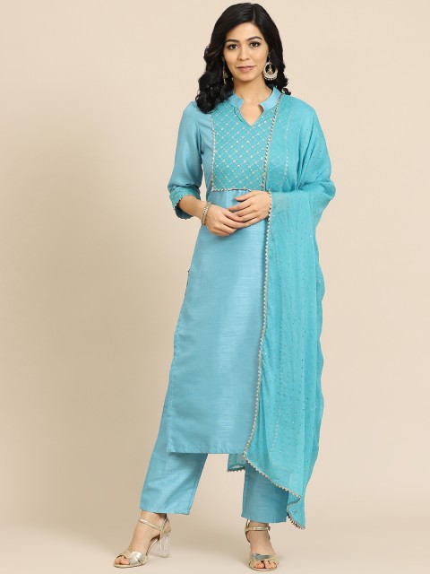 

Saadgi Women Turquoise Blue Yoke Design Sequinned Dupion Silk Kurta with Trousers