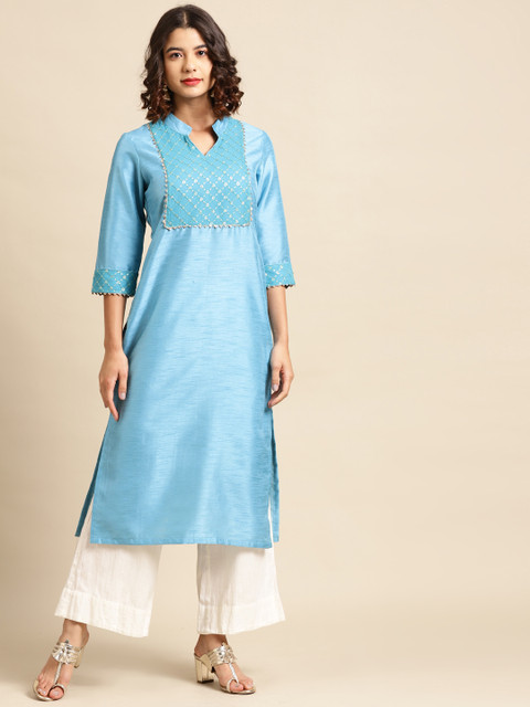 

Saadgi Women Blue Sequinned Yoke Design Straight Kurta