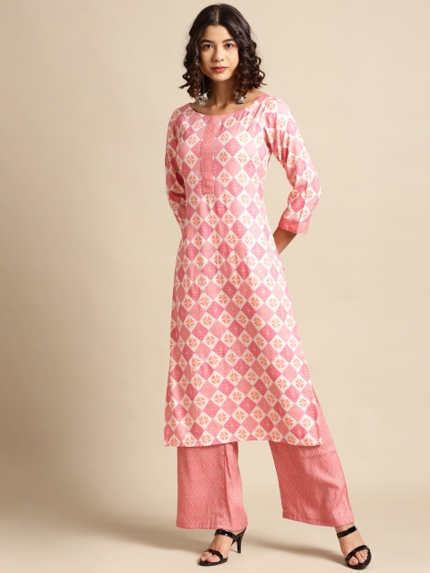Saadgi Women Pink & White Printed Kurta with Palazzos