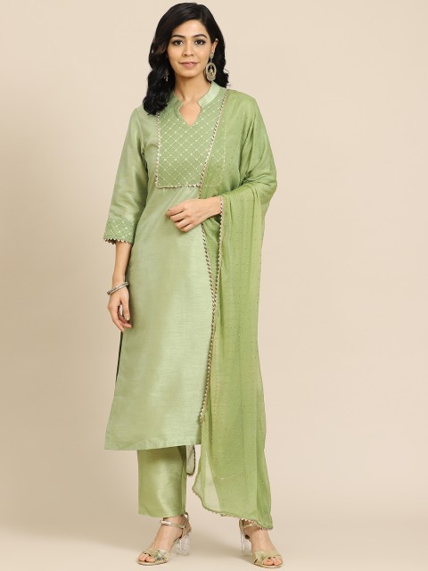

Saadgi Women Olive Green Yoke Design Regular Dupion Silk Kurta with Trousers
