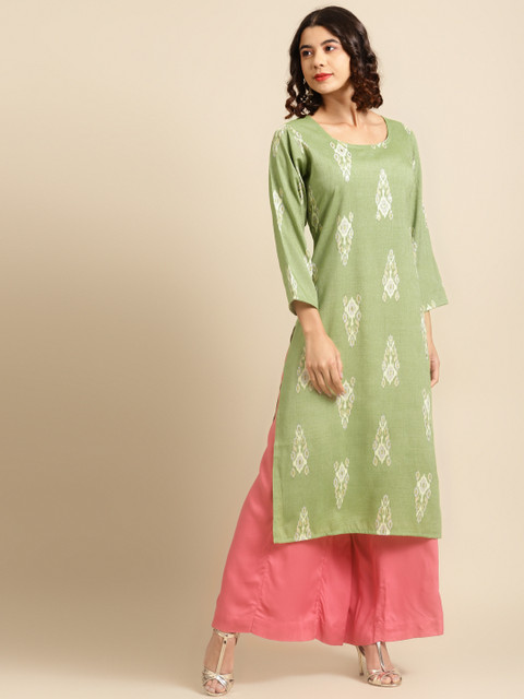 

Saadgi Women Green Pure Cotton Ikat Print Kurta