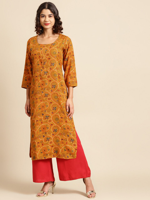 

Saadgi Women Mustard Yellow Pure Cotton Bandhani Print Kurta