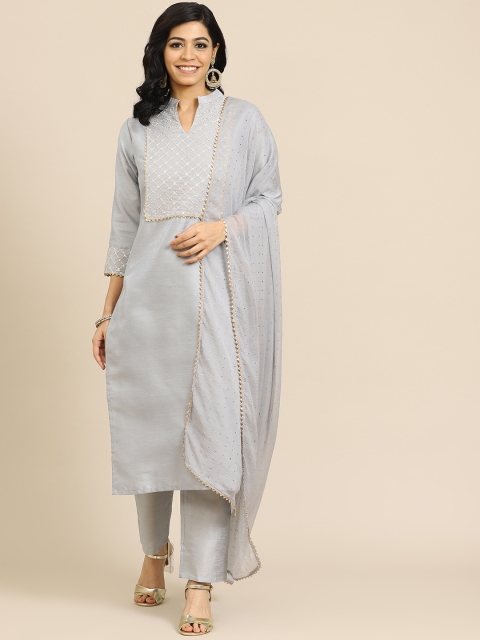 

Saadgi Women Grey Yoke Design Regular Sequinned Dupion Silk Kurta with Trousers