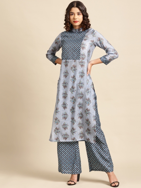 

Saadgi Women Blue Ethnic Motifs Printed Panelled Kurta with Palazzos