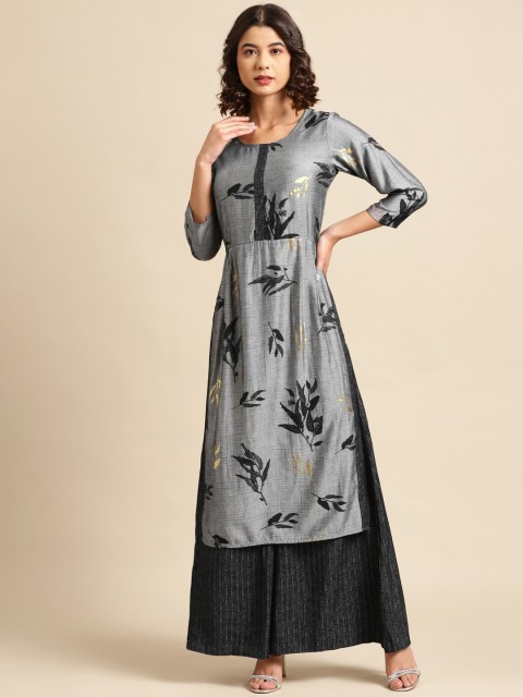 

Saadgi Women Grey & Black Foil Print Pleated Kurta with Palazzos