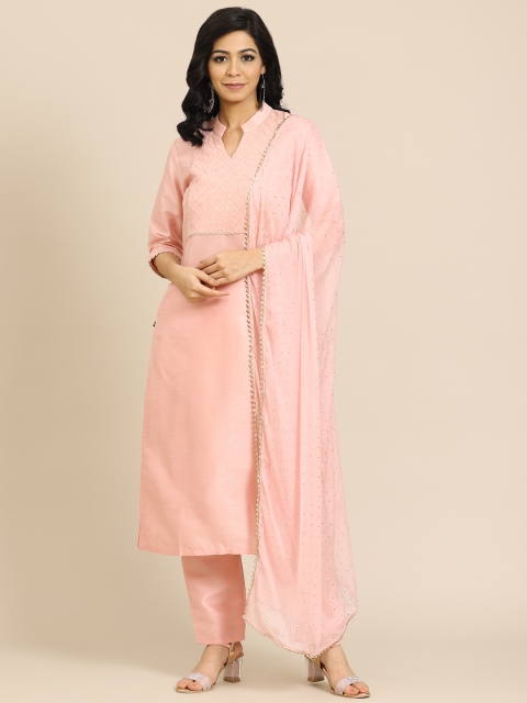 

Saadgi Women Pink Yoke Design Regular Sequinned Dupion Silk Kurta with Trousers