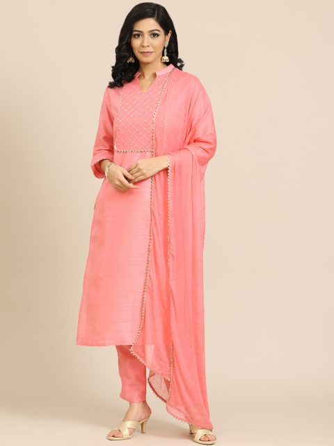

Saadgi Women Peach-Coloured Yoke Design Regular Sequinned Dupion Silk Kurta with Trousers