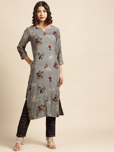 

Saadgi Women Grey Floral Printed Kurta with Trousers