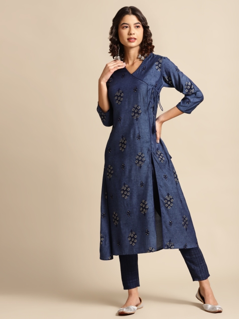 

Saadgi Women Navy Blue & Golden Ethnic Motifs Printed Angrakha Kurta with Trousers