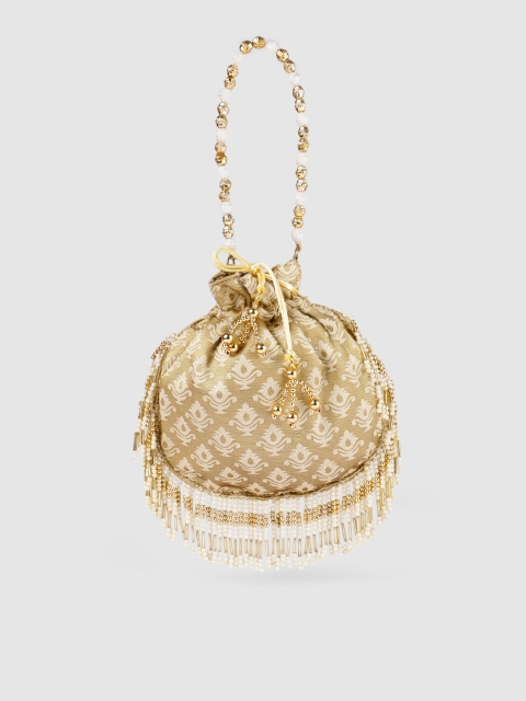 

Inddus Cream-Coloured & Gold-Toned Embellished Tasselled Potli