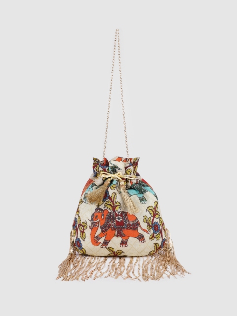 

Inddus Cream-Coloured & Orange Printed Tasselled Potli