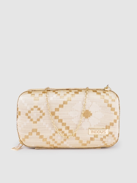 

Inddus Cream-Coloured & Gold-Toned Woven Design Brocade Box Clutch