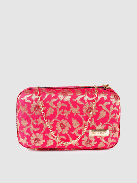 

Inddus Fuchsia & Gold-Toned Floral Woven Brocade Box Clutch