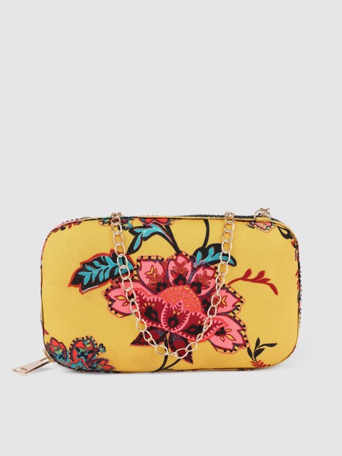 

Inddus Mustard Yellow & Pink Floral Printed Box Clutch