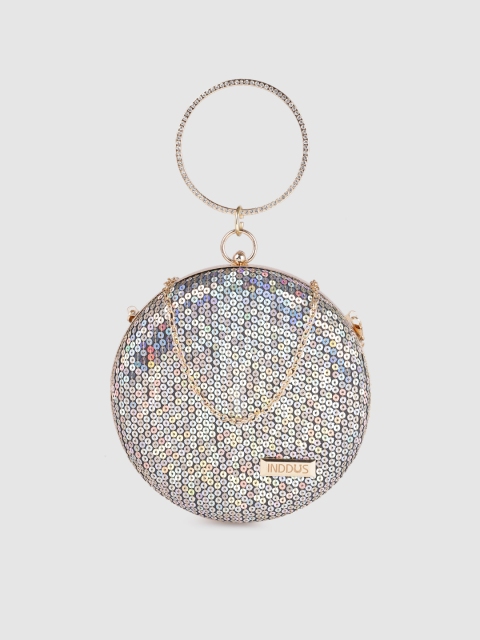 Inddus Silver-Toned Sequinned Round Bracelet Bag