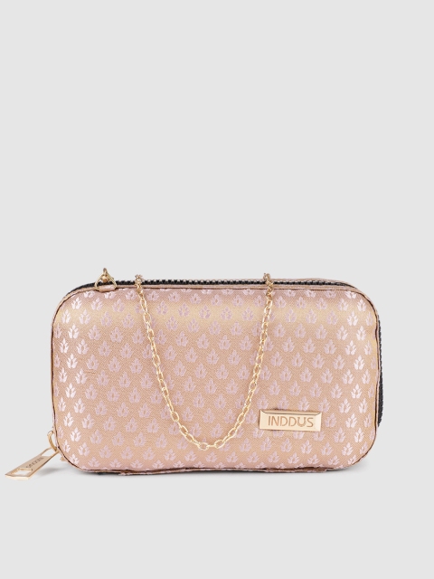 

Inddus Pink Gold-Toned Floral Woven Brocade Box Clutch