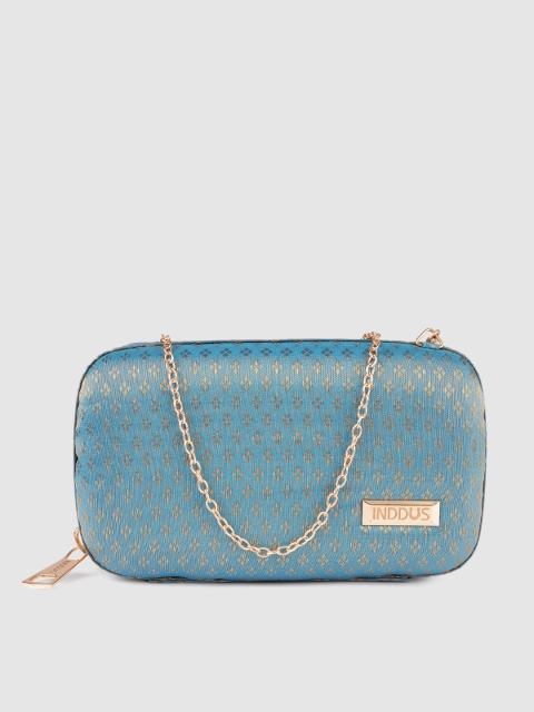 

Inddus Blue & Gold-Toned Woven Brocade Box Clutch