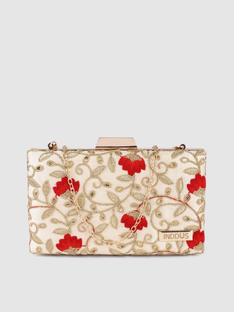 

Inddus Cream-Coloured & Gold-Toned Floral Embroidered Box Clutch