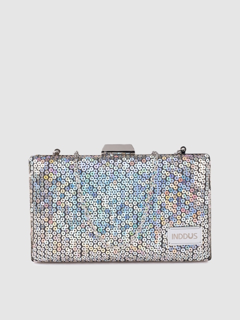 

Inddus Silver-Toned Sequinned Box Clutch