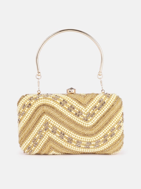 

Inddus Gold-Toned & Cream-Coloured Pearl Handcrafted Embellished Studded Box Clutch
