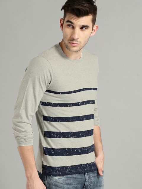 

Roadster Men Grey Melange & Navy Blue Striped Round Neck T-Shirt