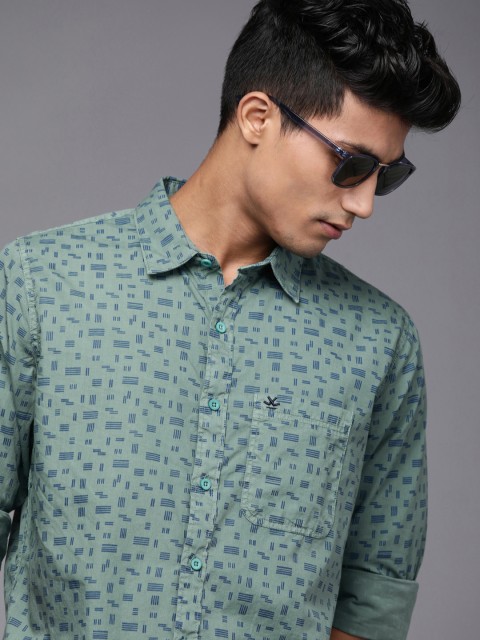 

WROGN Men Sea Green Slim Fit Opaque Printed Casual Shirt