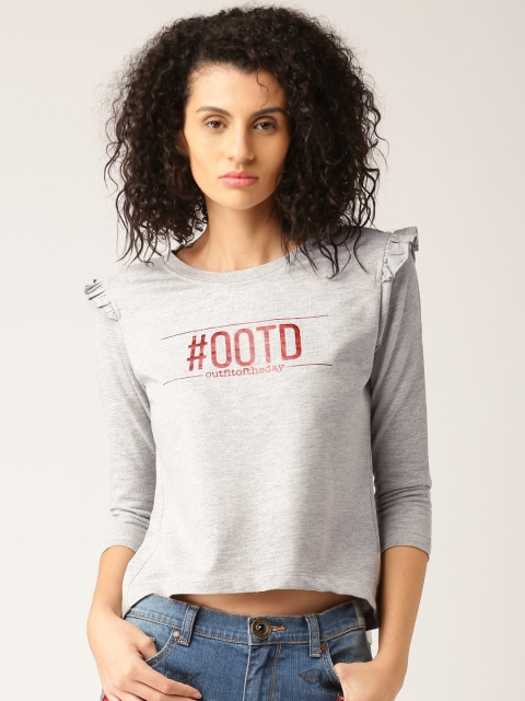 

DressBerry Women Grey Melange Printed Round Neck Crop T-Shirt