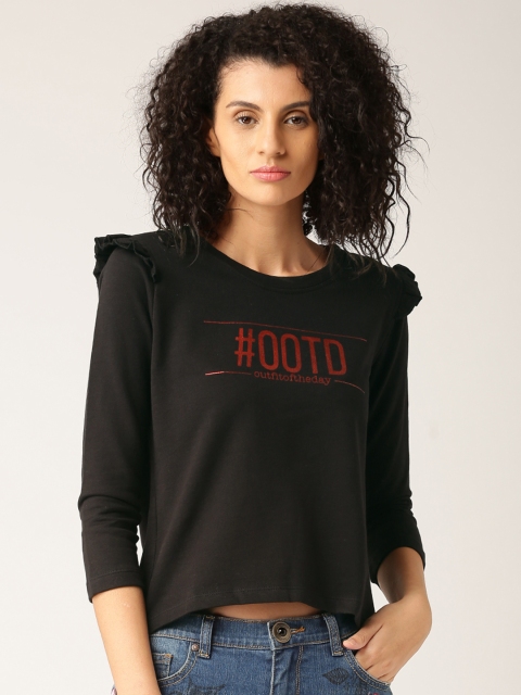 

DressBerry Women Black Printed Round Neck Crop T-Shirt