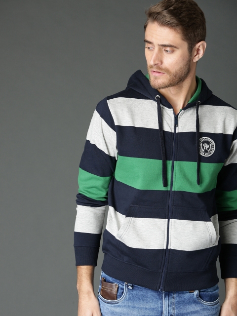 

Roadster Men Navy Blue & Grey Melange Striped Hooded Sweatshirt