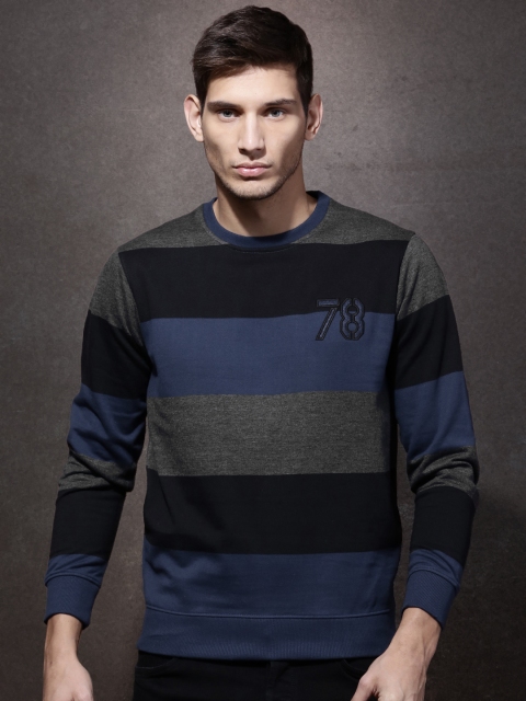 

Roadster Men Charcoal & Navy Striped Pullover Sweatshirt