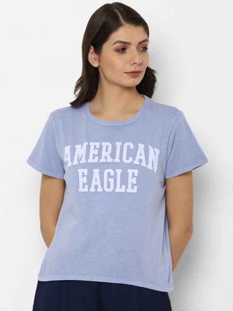 

AMERICAN EAGLE OUTFITTERS Women Purple Round Neck Pure Cotton T-shirt
